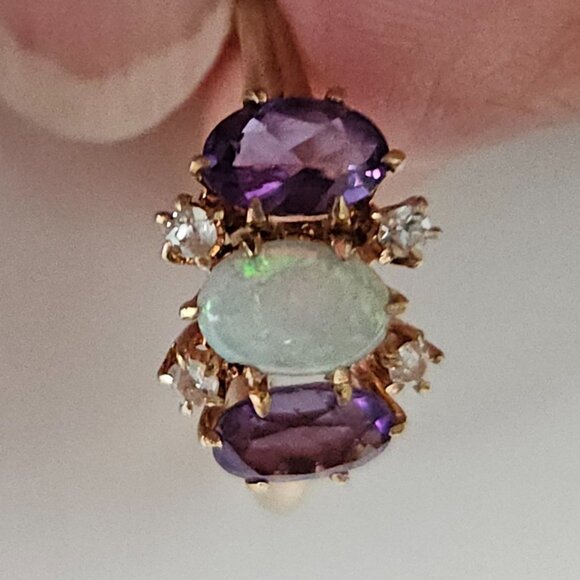 10K Gold Ring with Opel, Diamonds, and Amethyst Stones - Picture 12 of 12